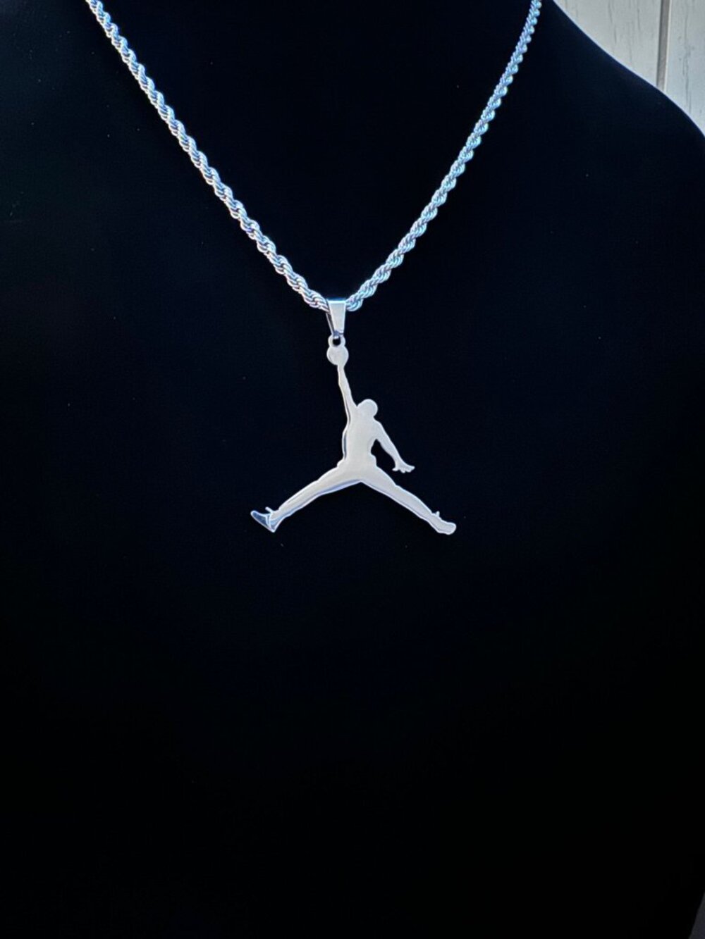 Silver Jordan Jumpman Pendant Necklace - MJ - Silver Plated - 22" 3mm Rope Chain